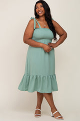 Sage Smocked Shoulder Tie Maternity Plus Midi Dress