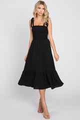 Black Smocked Shoulder Tie Maternity Midi Dress