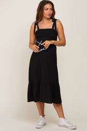 Black Smocked Shoulder Tie Maternity Midi Dress