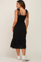 Black Smocked Shoulder Tie Maternity Midi Dress