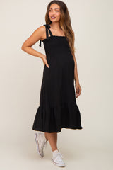 Black Smocked Shoulder Tie Maternity Midi Dress