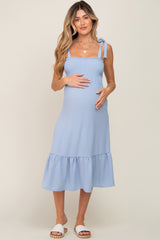 Light Blue Smocked Shoulder Tie Maternity Midi Dress