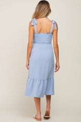 Light Blue Smocked Shoulder Tie Maternity Midi Dress