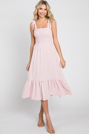 Light Pink Smocked Shoulder Tie Midi Dress