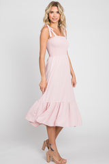 Light Pink Smocked Shoulder Tie Midi Dress