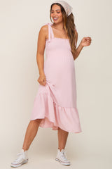 Light Pink Smocked Shoulder Tie Maternity Midi Dress