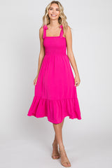 Fuchsia Smocked Shoulder Tie Midi Dress