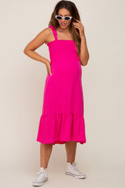 Fuchsia Smocked Shoulder Tie Maternity Midi Dress