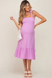 Lavender Smocked Shoulder Tie Maternity Midi Dress