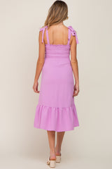 Lavender Smocked Shoulder Tie Maternity Midi Dress