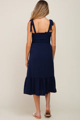 Navy Smocked Shoulder Tie Maternity Midi Dress