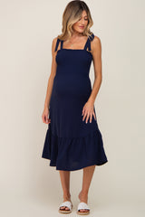 Navy Smocked Shoulder Tie Maternity Midi Dress