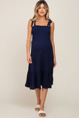 Navy Smocked Shoulder Tie Maternity Midi Dress