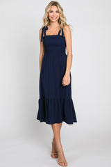 Navy Smocked Shoulder Tie Maternity Midi Dress