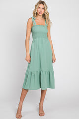 Sage Smocked Shoulder Tie Midi Dress