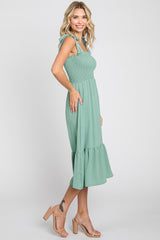 Sage Smocked Shoulder Tie Midi Dress