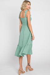 Sage Smocked Shoulder Tie Midi Dress