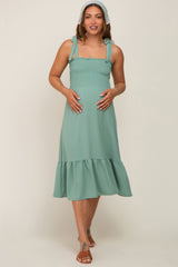 Sage Smocked Shoulder Tie Maternity Midi Dress