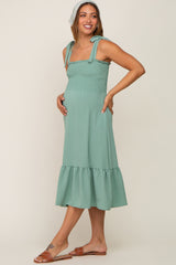 Sage Smocked Shoulder Tie Maternity Midi Dress