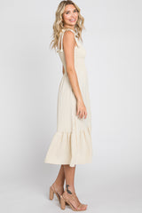 Cream Smocked Shoulder Tie Midi Dress