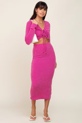 Fuchsia Ribbed Front Cutout Two Piece Skirt Set