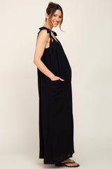 Black Tie Strap Wide Leg Maternity Jumpsuit