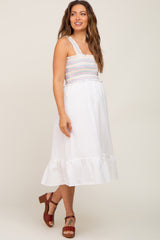 White Embroidered Smocked Maternity Midi Dress