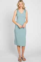 Mint Green Ribbed Shoulder Tie Maternity Midi Dress