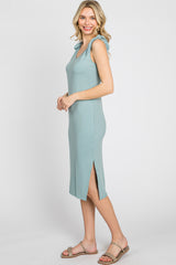 Mint Green Ribbed Shoulder Tie Midi Dress