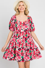 Pink Floral Sweetheart Neck Short Puff Sleeve Maternity Dress