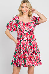 Pink Floral Sweetheart Neck Short Puff Sleeve Dress