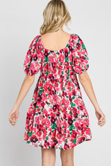 Pink Floral Sweetheart Neck Short Puff Sleeve Dress