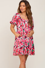 Pink Floral Sweetheart Neck Short Puff Sleeve Maternity Dress