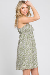 Light Olive Floral Ruffle Square Neck Shoulder Tie Dress