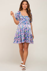 Lavender Floral Shimmer Sweetheart Neck Short Puff Sleeve Maternity Dress