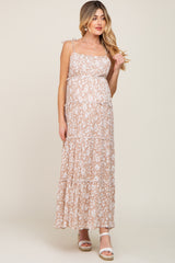 Taupe Animal Print Tiered Maternity Maxi Dress