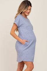 Blue Heathered Pocketed Maternity Dress