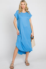 Blue Ribbed Round Hi-Lo Hem Maternity Dress