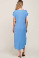 Blue Ribbed Round Hi-Lo Hem Maternity Dress