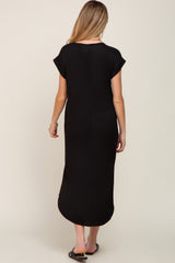 Black Ribbed Round Hi-Lo Hem Maternity Dress