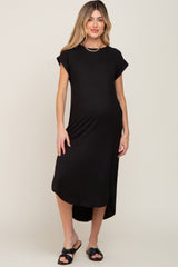 Black Ribbed Round Hi-Lo Hem Maternity Dress