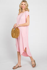 Light Pink Ribbed Round Hi-Lo Hem Dress