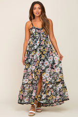 Black Floral Sleeveless Button Down Maternity Maxi Dress