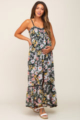 Black Floral Sleeveless Button Down Maternity Maxi Dress