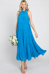 Blue Tiered High Neck Maxi Dress