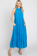 Blue Tiered High Neck Maxi Dress