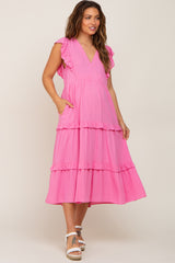 Pink Ruffle Accent Tiered Maternity Midi Dress