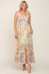 White Floral Sleeveless Button Down Maternity Maxi Dress