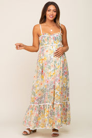 White Floral Sleeveless Button Down Maternity Maxi Dress