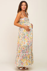 White Floral Sleeveless Button Down Maternity Maxi Dress